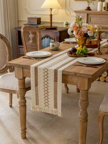 1pc Farmhouse Crochet Patchwork Table Runner, Boho Style Coarse Linen Coffee Color Geometric Pattern, Vintage Charm, Comfortable And Elegant For Coffee Table, Sideboard, Cabinet Cover, Home Decor, Suitable For Kitchen, Dining Room, Dinner Party, Wedding, Bridal Shower, Christmas, Thanksgiving - Multicolor - View 2