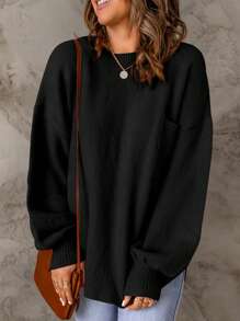 CILKOO Women's Solid Color Shoulder Pocket Patchwork Sweater - Black - View 6