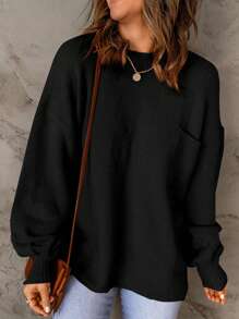 CILKOO Women's Solid Color Shoulder Pocket Patchwork Sweater - Black - View 3