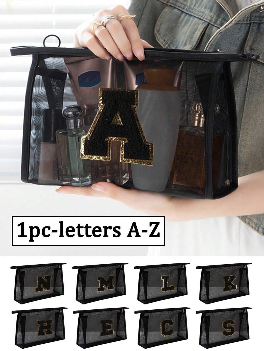 1个黑色网袋，大容量带黑色姓名首字母，毛巾刺绣字母A-Z，透明网状化妆品收纳袋，多功能旅行便携包，口红护肤品收纳洗漱化妆包，学生文具袋，网状拉链袋，旅行化妆品包装收纳袋，简约高档，配饰收纳，适用于宿舍收纳，旅行，出差，游泳，居家收纳 - 黑色 - 查看 1
