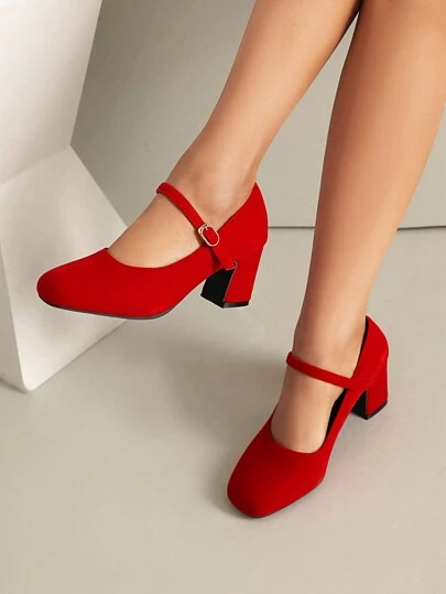 Women's Comfortable High Heel Mary Jane Shoes, Red, Suitable For Fall, Wedding, Party Or Commute, Thick Heel, Velvet Material, Strap Design