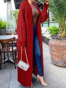 女式时尚休闲长袖超长开衫，秋冬款 - 紅色 - 查看 3