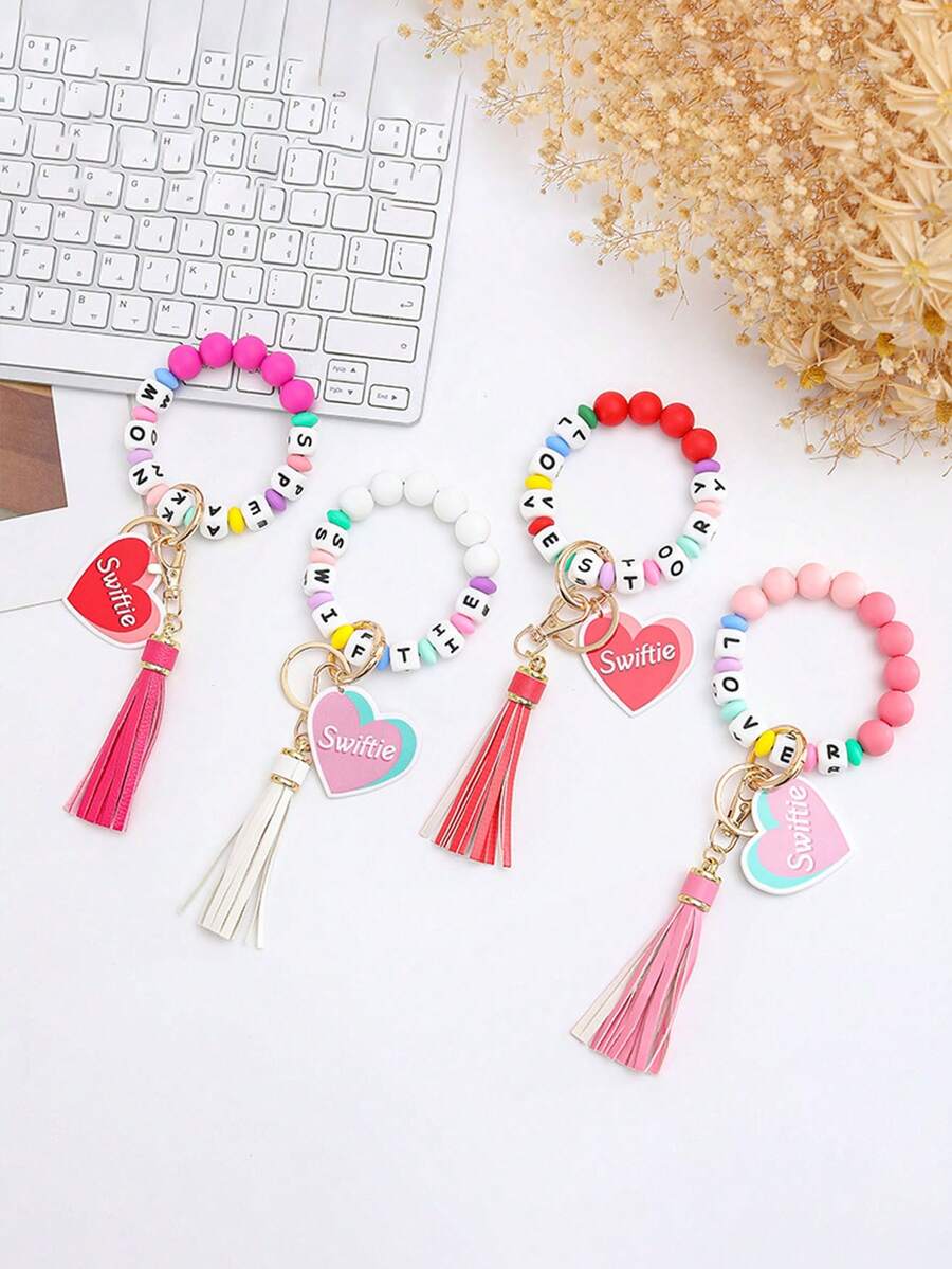 1 chiếc vòng tay trái tim Acrylic mới, móc khóa chữ "Mei Mei", móc khóa hạt tua rua tự làm cho nam và nữ - Móc khóa tình yêu acrylic - Xem 1