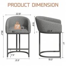 Set Of 4 Counter Height Bar Stools, 27" Modern Barrel Bar Stool With Black Metal Frames And Footrest, Linen Fabric Counter Stools With Curved Backrest And Arms, Upholstered Barstools Chairs For Kitchen Island Gray