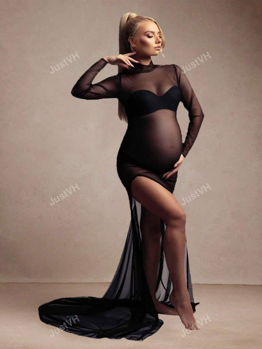 Robe de maternité à manches longues en maille, fendue et transparente pour séance photo
