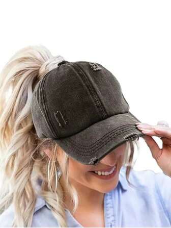 1pc Vintage Distressed Ponytail Hole Baseball Cap, Unisex Adjustable Sunhat Casual