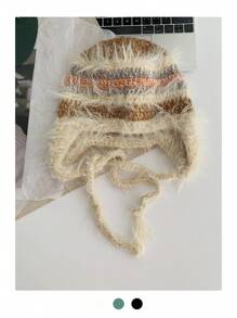 1buc drăguț corn de diavol Y2K colorblock cu dungi Fuzzy Earmuff tricot pălărie beanie, căciulă caldă de pluș cu cravată, balaclava