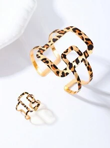 1 Ring + 1 Bracelet Fashion Simple Sleek Design Metal Square Unique Leopard Print Openable Bracelet Ring Jewelry Set For Women - Geometric Square - View 3