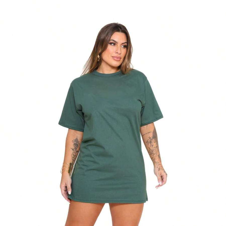 100% Cotton Plain Dress - 軍綠色 - 查看 1