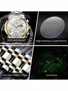 OLEVS Watches For Mens Stainless Steel Analog Quartz Wrist Watches Date Waterproof Luminous Business Casual Male Watches - 金白 - 查看 7