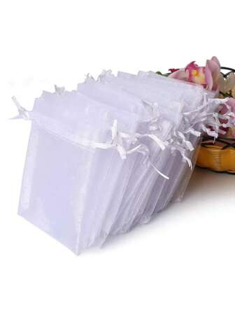 100pcs-Sheer Organza Bags, White Organza Gift Bags, Jewelry Pouches Drawstring Bags, Transparent Gift Bags For Packaging, Bracelets, Small Gifts, For Festivals, Parties, Birthdays, Weddings, Outdoor Picnics, Valentine's Day, Easter