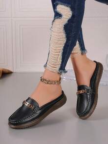 Zapatos tipo mula planos con decoración de hebilla de metal para mujeres, de moda y versátiles, calzado suave de suela casual y cómodo