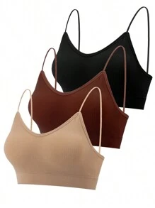 3 Pcs Padded Bralettes For Women Wireless Cami Bras Tank Top Sport Bras Comfort Seamless V Neck With Removable Pads For Girls Laddies Everyday Camisole Basic Bra - 黑色,焦糖色,卡其色 - 查看 1