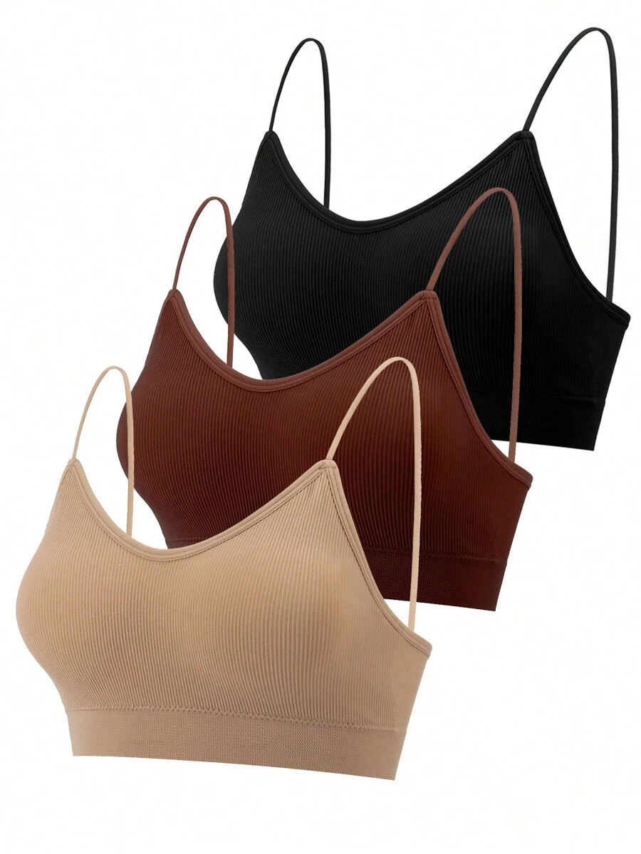 3 Pcs Padded Bralettes For Women Wireless Cami Bras Tank Top Sport Bras Comfort Seamless V Neck With Removable Pads For Girls Laddies Everyday Camisole Basic Bra - 黑色,焦糖色,卡其色 - 查看 1