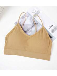 3 Pcs Padded Bralettes For Women Wireless Cami Bras Tank Top Sport Bras Comfort Seamless V Neck With Removable Pads For Girls Laddies Everyday Camisole Basic Bra - 黑色,焦糖色,卡其色 - 查看 3