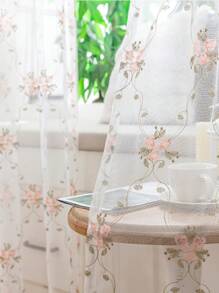 1pc Perforated Fresh Ditsy Floral Embroidered Sheer Curtain For Bedroom/Living Room, Pink