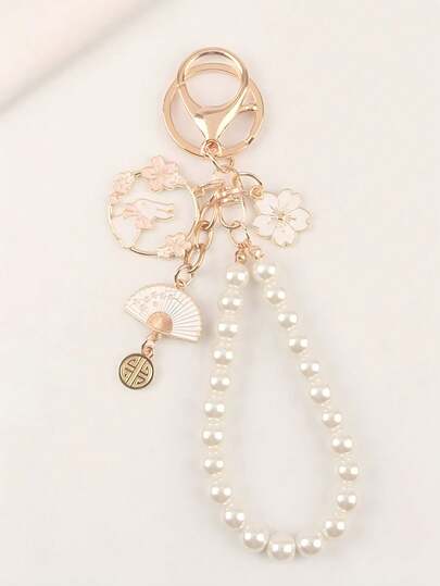 1 pièce Porte-clés sac à main avec perles de mode pour femmes, motif lapin Sakura. Accessoire de porte-clés élégant avec perles pour sac à dos, écouteurs, voiture, école. Mignon, style gothique Y2K