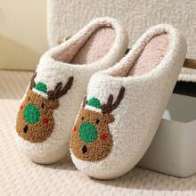 Autumn/Winter Cartoon Cute Christmas Deer Embroidered Slip-On House Slippers, Non-Slip Warm Plush Indoor Slippers