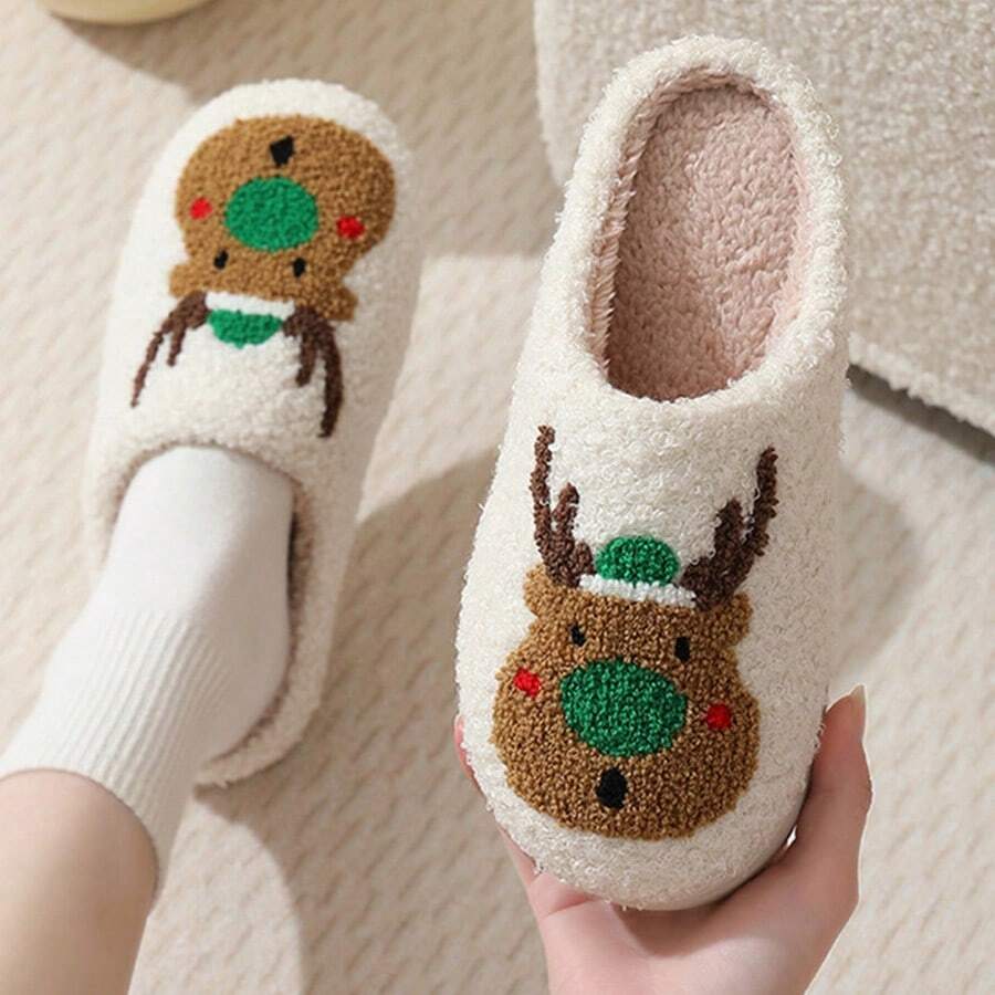 Autumn/Winter Cartoon Cute Christmas Deer Embroidered Slip-On House Slippers, Non-Slip Warm Plush Indoor Slippers