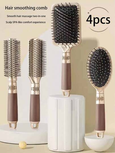 Set de 4 cepillos, incluye cepillo de peinado, peine de corte, cepillo rizado, cepillo con cojín, cepillo de masaje, cepillo de púas, herramienta de masaje, cepillo de colores, masajeador del cabelludo, desenredante, peine de plástico, cepillo de plástico anti-estático para secado y alisado, masajeador práctico del cabelludo, cepillo rizado para el hogar, horquillas, accesorios para el cabello, útiles escolares