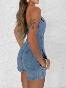 The Lemon 3019 Short Denim Overalls For Women Plain Short Sleeve 3019 - Rửa trung bình - Xem 2