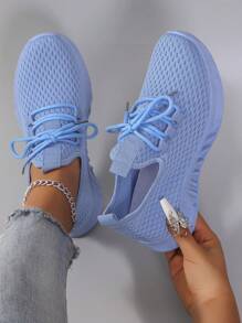 STEPREACH Women Casual Sports Shoes, Breathable Mesh Fabric, Lightweight, Lace-Up, Solid Color, Neon Pink, Anti-Slip & Durable