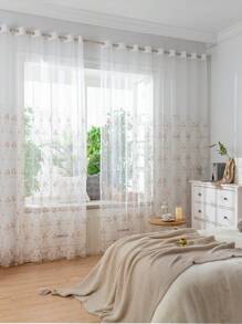 1pc Perforated Fresh Ditsy Floral Embroidered Sheer Curtain For Bedroom/Living Room, Pink