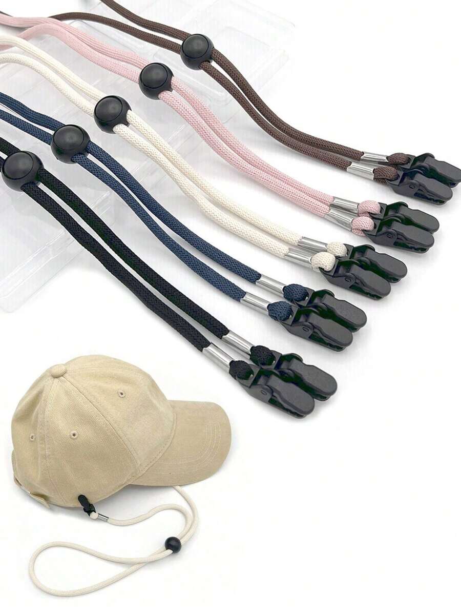 1 pièce Cordon de menton de chapeau avec clip, corde de fixation de chapeau ajustable pour hommes et femmes, couleur unie, clips de sangle de chapeau ajustable, accessoires de voyage, corde coupe-vent pour casquettes de baseball, chapeaux de seau, cordon de chapeau portable pour voyages, camping, extérieur, plage, vacances d'été, rentrée scolaire - Multicolore - Voir 1
