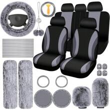 35-Piece Car Seat Cover Set With Steering Wheel Cover, Cup Holder Coasters, Shoulder Pads, And Accessories - Polyester Fabric Interior Decor Kit Without Filler - Xám - Xem 1