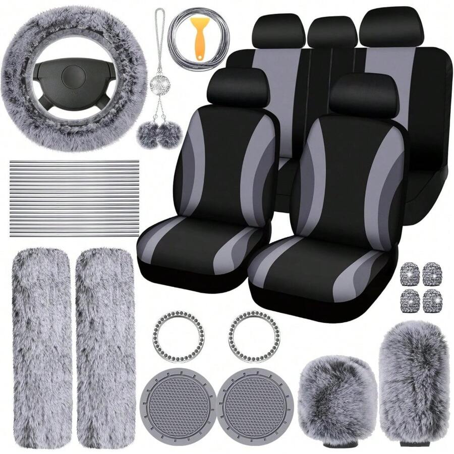 35-Piece Car Seat Cover Set With Steering Wheel Cover, Cup Holder Coasters, Shoulder Pads, And Accessories - Polyester Fabric Interior Decor Kit Without Filler - Xám - Xem 1