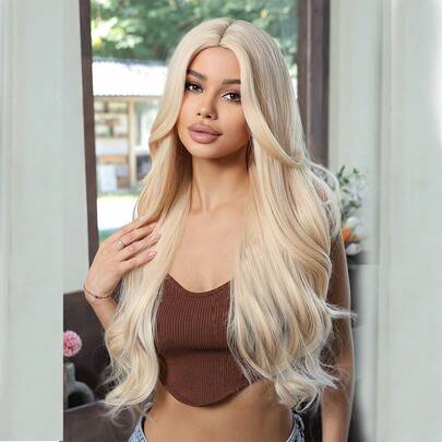One Piece Long Wavy Blonde Synthetic Wig 26 Inch Platinum Everyday Natural Hair Wig With Bangs Cosplay Wig For Women Heat Resistant Synthetic Weave Wig