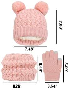 Bộ đồ mùa đông 3 món cho trẻ em: Mũ len, Găng tay, Khăn quàng cổ, Bé gái/Bé trai/Trẻ mới biết đi, Lót nhiệt, Giữ ấm - Hồng - Xem 5
