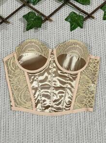 Satin Lace Cropped Top With Corselet Cup - 金色 - 查看 1