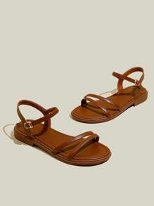 Women's Brown Flat Open Toe Strap Sandals, Simple Slim Strap Soft Sole Beach Flat Sandals - Brown - View 2