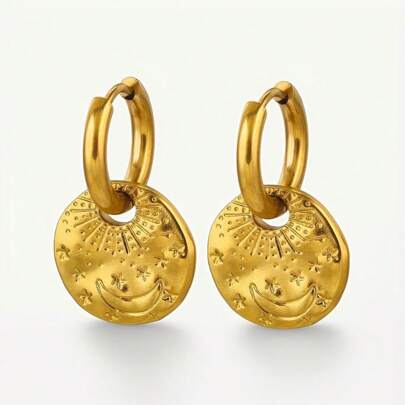 1 par de pendientes de acero inoxidable chapados en oro de 18k, pendientes geométricos de moda retro con forma de luna y estrella, regalo de joyería para el Día de San Valentín