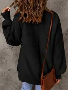 CILKOO Women's Solid Color Shoulder Pocket Patchwork Sweater - Black - View 2