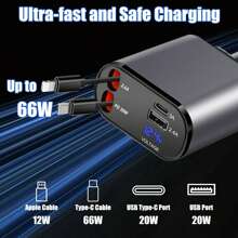 YITUMU 车载充电器，4 合 1 车载充电器，2 条伸缩电缆和 USB 车载充电器，带超快速闪光充电和伸缩电缆，便携式多功能手机车载充电器 - 銀色 - 查看 5