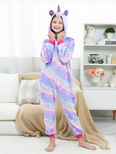 少女紫色银河独角兽连帽睡衣