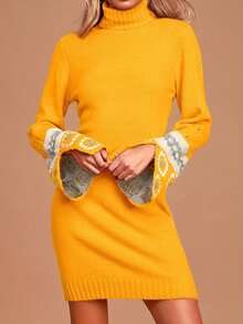 Autumn And Winter New Fashion Retro High Collar Jacquard Hollow Design Mid-Length Women's Sweater Dress