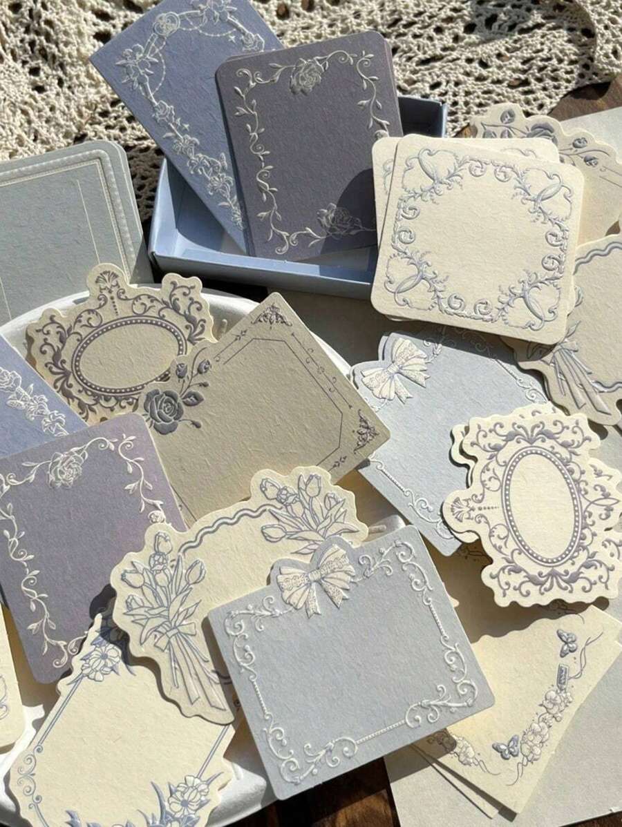 30 Sheets Of Retro Embossed Relief Printing Thickened Cowhide Specialty Paper Memo Pad With Floral Bow Detail Frame, Ins Style, Writable Note Card For Journal Decoration, Craft Paper Back To School