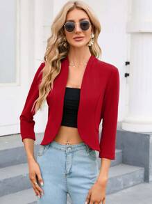 Chaqueta encogida tipo cardigan para mujer, de manga 3/4, sin cuello, de frente abierto, informal y de negocios, para el trabajo - Rojo - Ver 1