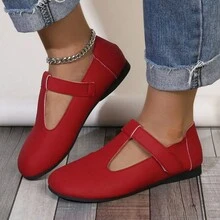 2024 Red Women's Summer Outdoor Hook And Loop Slip-On Flat Shoes, Fashionable Solid Color Minimalist Design, Soft Leather Soft Bottom, Comfortable Lining, Hollow Strap, Lightweight And Comfortable