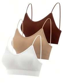 3 Pcs Padded Bralettes For Women Wireless Cami Bras Tank Top Sport Bras Comfort Seamless V Neck With Removable Pads For Girls Laddies Everyday Camisole Basic Bra - 焦糖色,卡其色,白色 - 查看 1