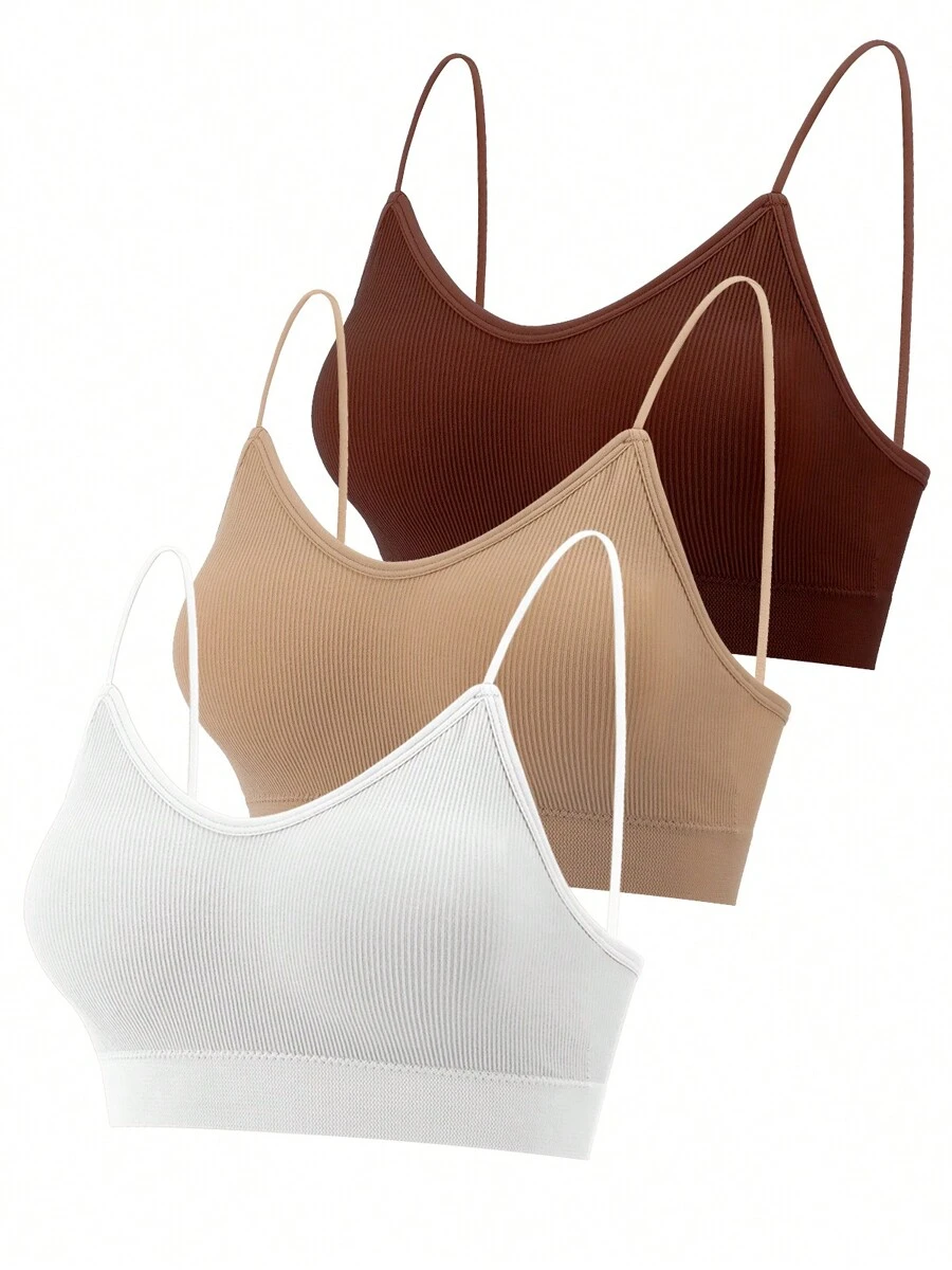 3 Pcs Padded Bralettes For Women Wireless Cami Bras Tank Top Sport Bras Comfort Seamless V Neck With Removable Pads For Girls Laddies Everyday Camisole Basic Bra - 焦糖色,卡其色,白色 - 查看 1