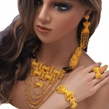 1 Set (2 piezas de pendientes + 1 pieza de anillo + 1 pieza de anillo de nudillo + 1 pieza de collar) Set de joyería nupcial con estilo exagerado de Oriente Medio chapado en oro de 24K para mujeres