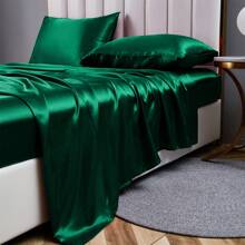 Satin Bed Sheets 10 Colors Faux Silk Shet Set Cooling Soft Sheet With Deep Pocket Fitted Sheet Pillow Cover - màu xanh lá - Xem 1