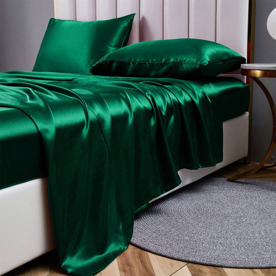 Satin Bed Sheets 10 Colors Faux Silk Shet Set Cooling Soft Sheet With Deep Pocket Fitted Sheet Pillow Cover - màu xanh lá - Xem 1