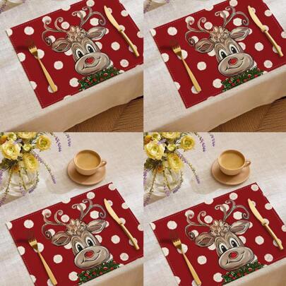 4pcs/6pcs Christmas Red Reindeer Polka Dot Placemats, Linen Insulated Table Mats, Festive Dinner Table Mats For Home And Holiday Events 12in*18in / 45*30cm