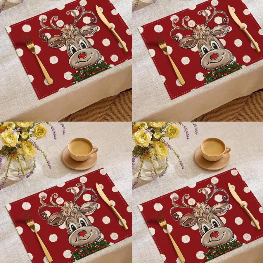 4 pezzi/6 pezzi Tovagliette natalizie rosse con renne e pois, tovagliette termoisolanti in lino, tovagliette da tavola festive per la casa e gli eventi di vacanza 12 in * 18 in / 45 * 30 cm