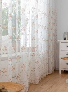 1pc Perforated Fresh Ditsy Floral Embroidered Sheer Curtain For Bedroom/Living Room, Pink